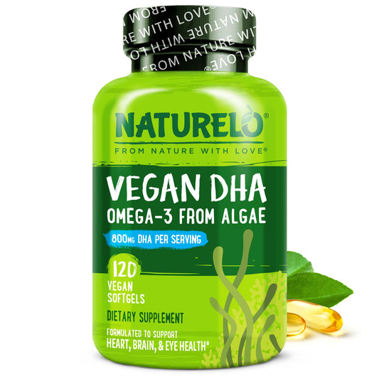 Naturelo Vegan DHA softgels bottle showing plant-based omega-3 for heart and brain support