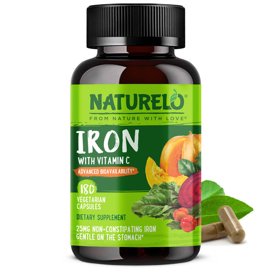 Naturelo vegan iron supplement bottle front with compact capsules for daily use