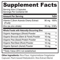Naturelo Vegan Zinc Immune ingredients arrangement showcases brown rice chelate for better absorption.