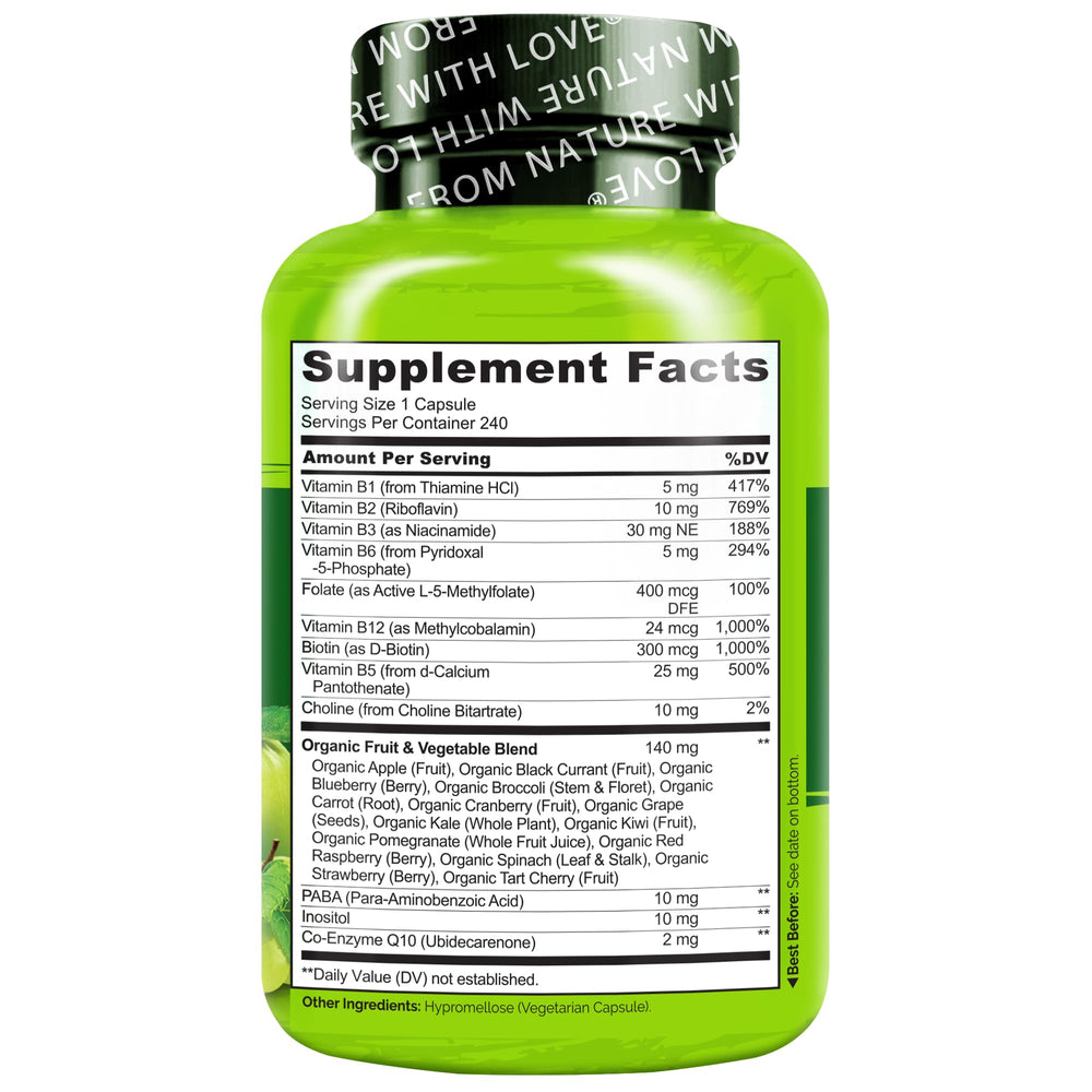 Naturelo Vitamin B Complex back label highlights allergen-free attributes.
