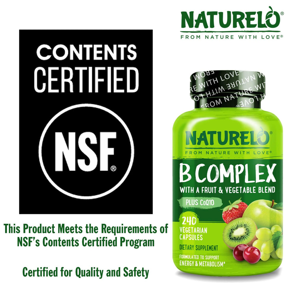 Naturelo Vitamin B Complex fruit and vegetable blend illustration signals natural nutrition.