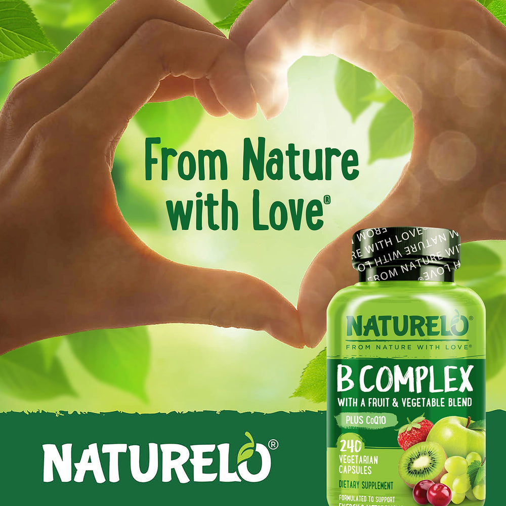 Naturelo Vitamin B Complex bottle with morning routine setup for energy.