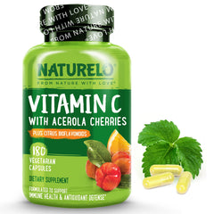 Naturelo Vitamin C with acerola bottle shows plant-based vitamin C source for daily immune support.