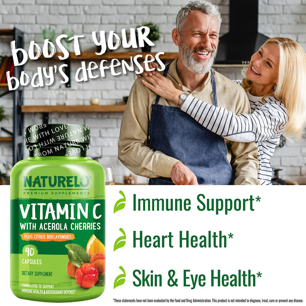 Naturelo Vitamin C packaging front showcases plant-based nutrition origin.