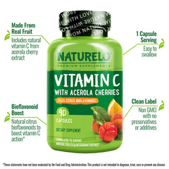 Naturelo Vitamin C vegan capsules indicate clean, non-GMO ingredients.