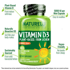 Open Naturelo Vitamin D3 5000 IU bottle display showing lichen-based source.