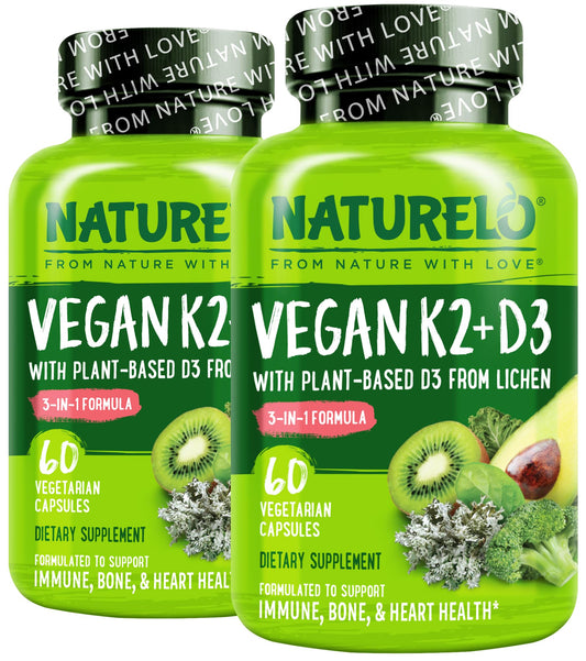 NATURELO Vitamin D3 K2 bottle showing vegan D3 and K2 for bone support