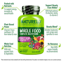 Naturelo Whole Food Multivitamin bottle highlighting vegan, plant-based nutrients for overall health.