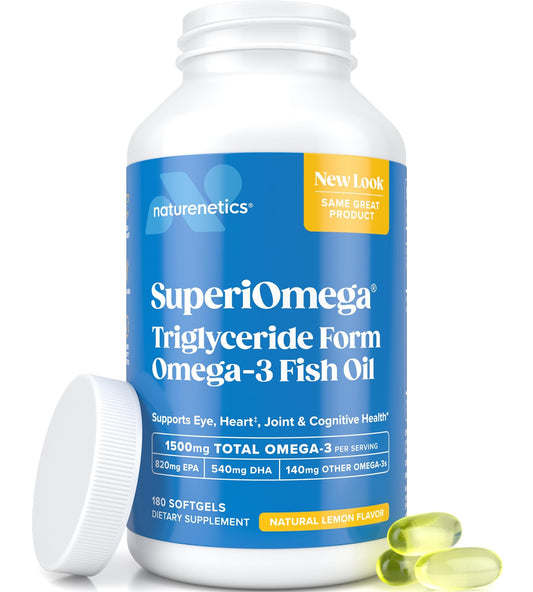 Naturenetics Triglyceride Omega-3 bottle front showing lemon flavor for daily eye comfort
