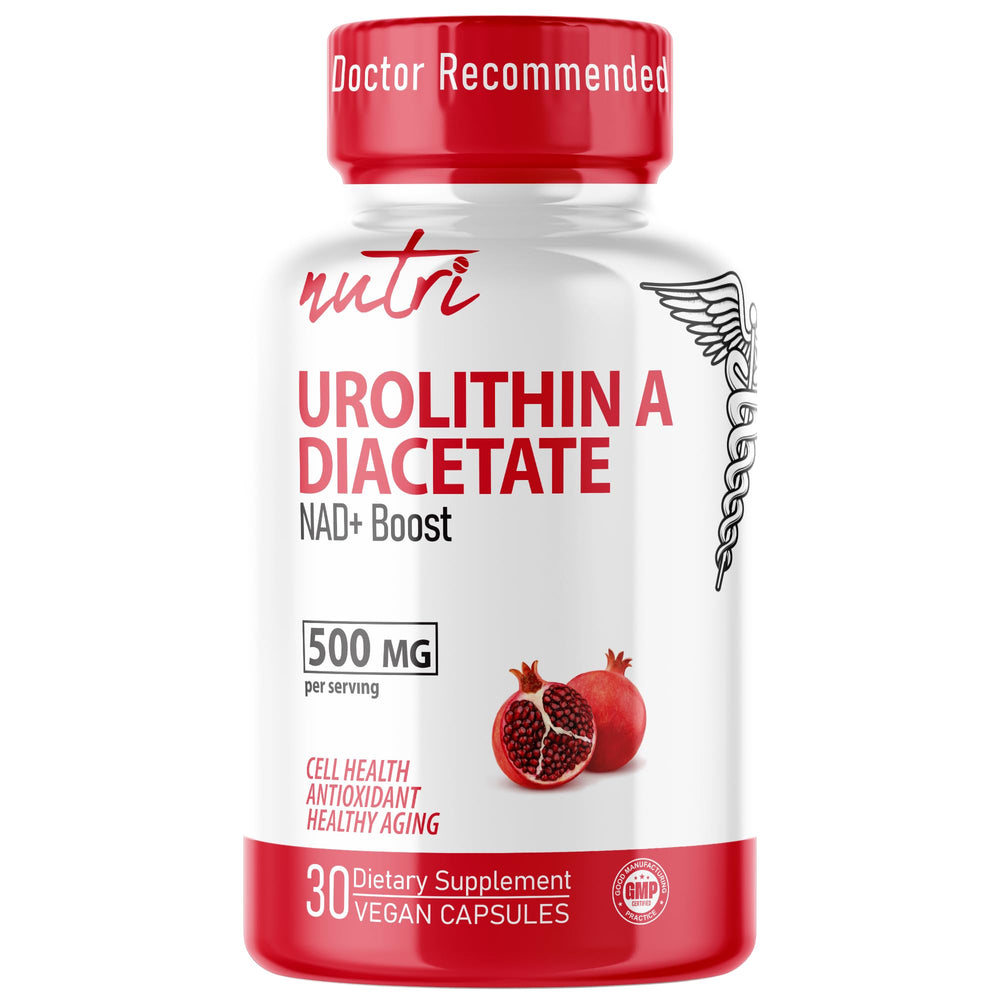 Nature's Fusions Nutri Urolithin A bottle with 30 vegan capsules for daily NAD+ support