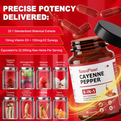 NaturePlanet Vascu Flow label close-up highlighting cayenne blend for daily wellness.