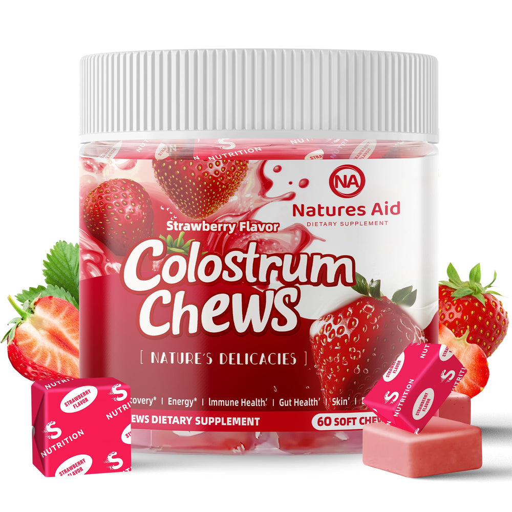 Nature's Aid Colostrum Chews bottle shows 60 strawberry chews for daily wellness