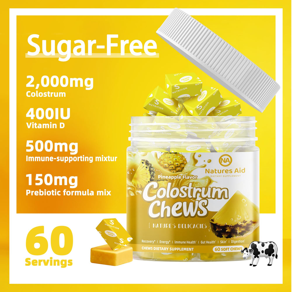 Natures Aid Colostrum Chews Close-Up highlights texture and pineapple taste