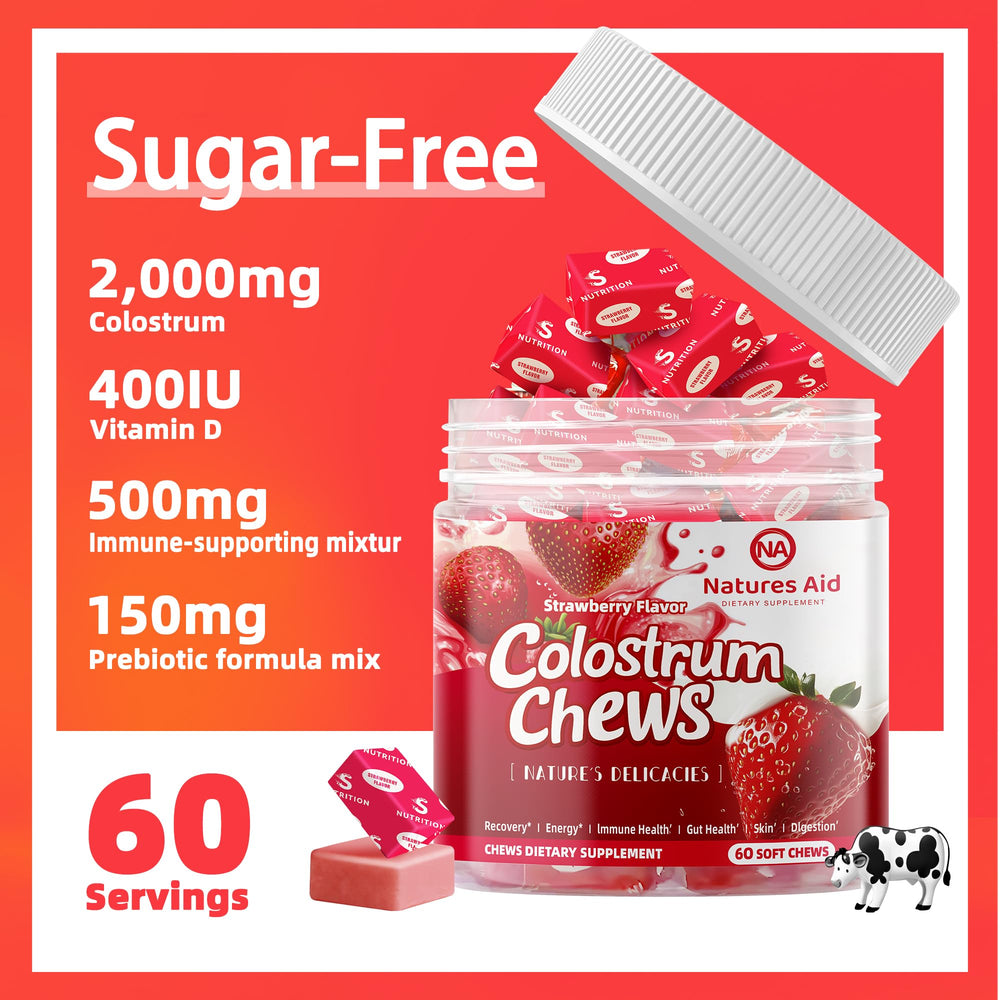 Ingredients panel of Nature's Aid Colostrum Chews showing grass-fed source
