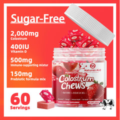 Ingredients panel of Nature's Aid Colostrum Chews showing grass-fed source