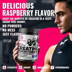 Natures Aid Creatine Gummies with gym workout scene illustrating performance support.