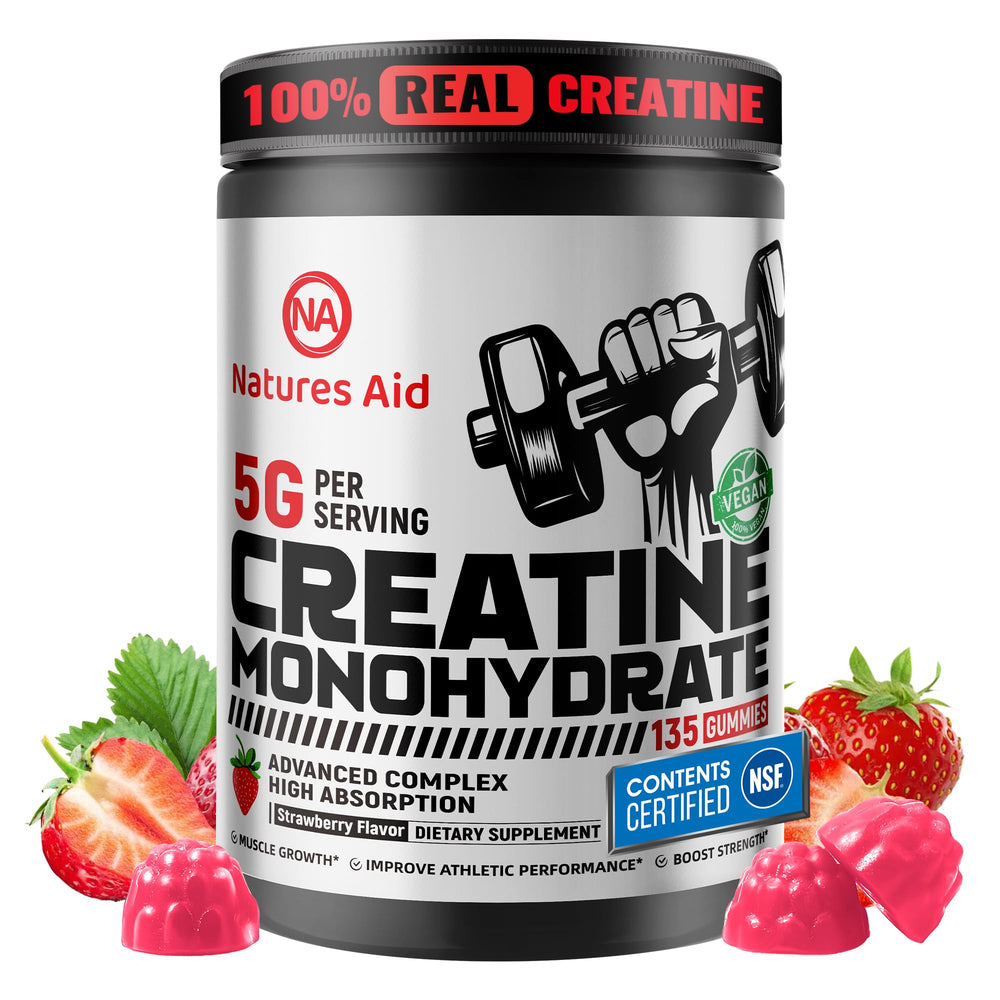 Nature's Aid Creatine Gummy bottle front with strawberry flavor for pre-workout fuel.