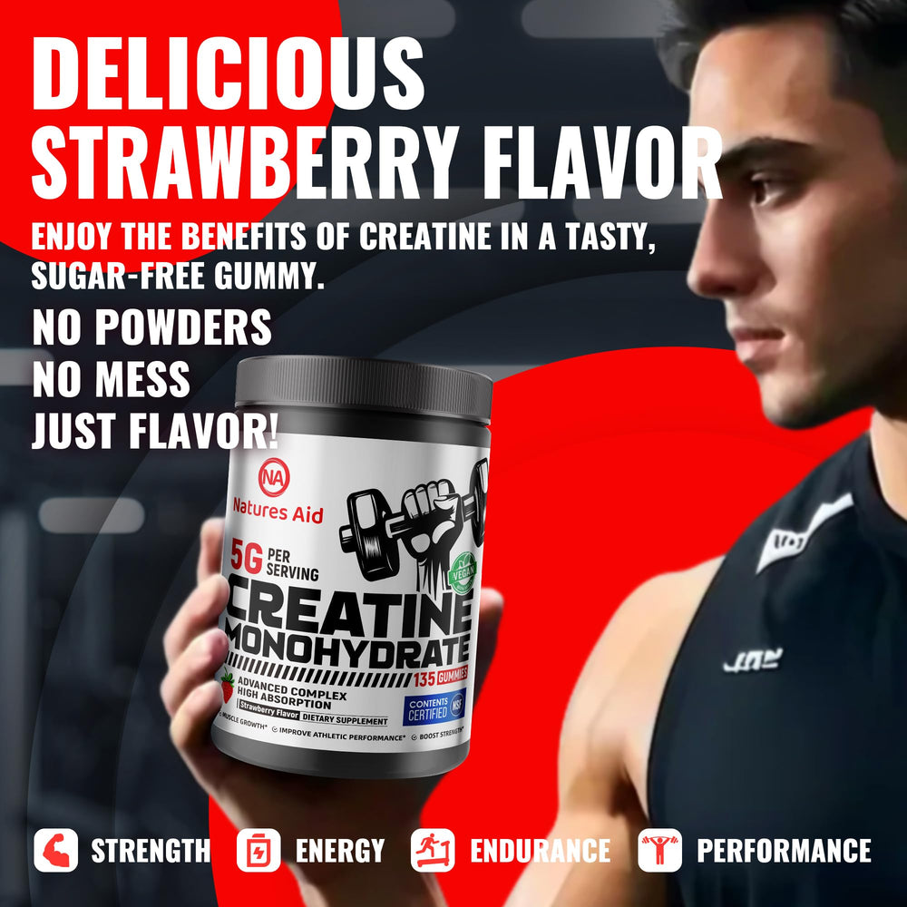 Nature's Aid Creatine Gummy gym bag image for on-the-go energy.