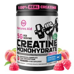 Natures Aid Creatine Gummy bottle front with peach flavor for on-the-go energy.