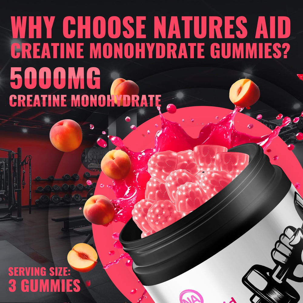 Natures Aid Creatine Gummy GMP factory seal underscores quality and safety.