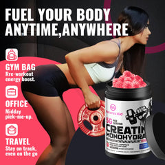 Natures Aid Creatine Gummy gym bag scene shows portable daily supplement.