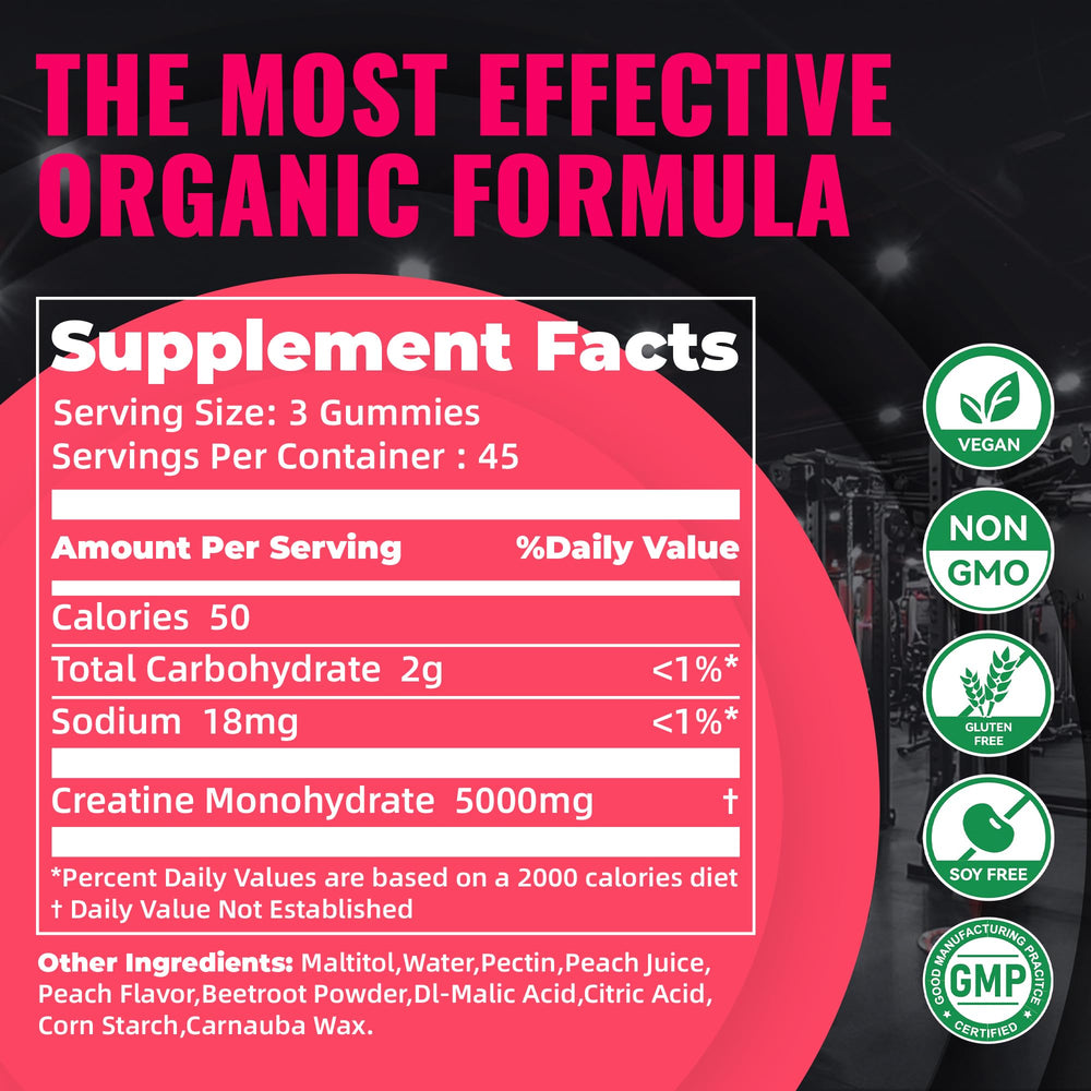 Natures Aid Creatine Gummy jar close-up highlights vegan, sugar-free formula.