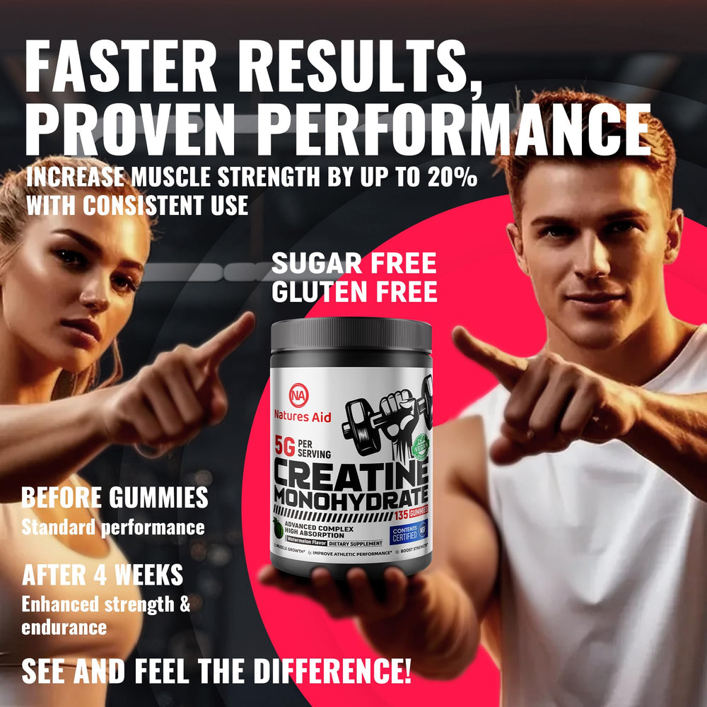 Natures Aid Creatine Gummy pouring into glass shows simple daily routine.