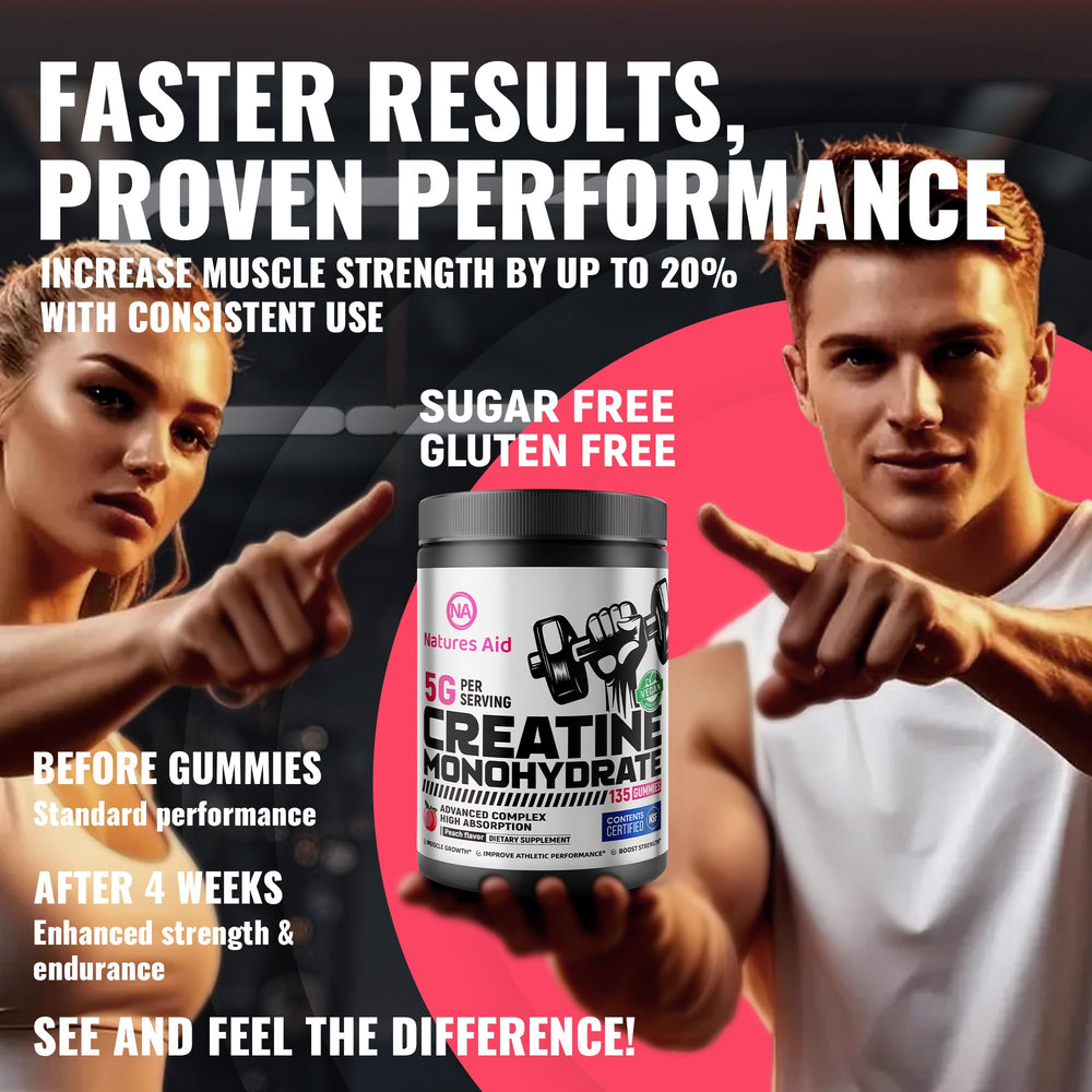 Natures Aid Creatine Gummy serving on table demonstrates Anytime consumption.