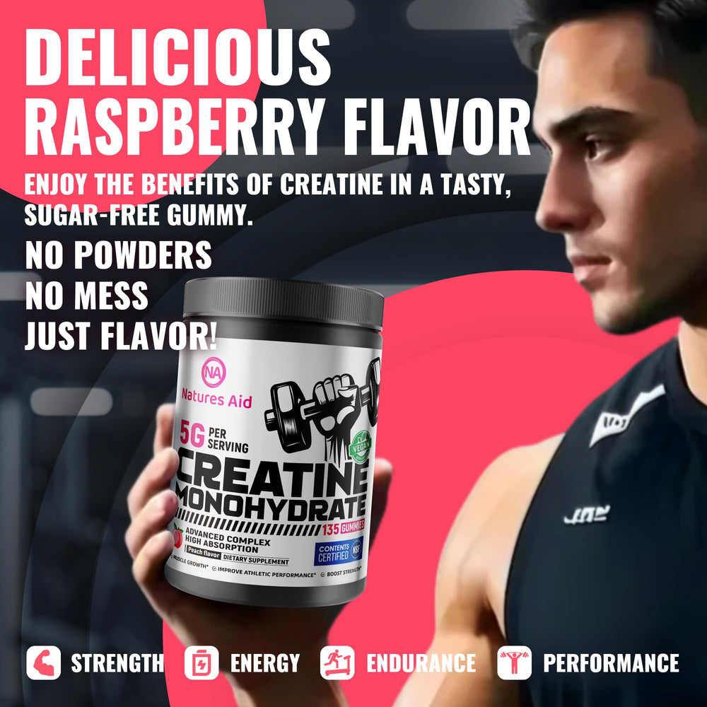 Natures Aid Creatine Gummy workout-ready setup suggests post-exercise recovery support.