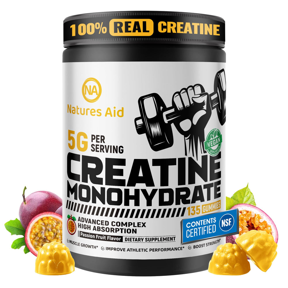 Natures Aid Creatine Monohydrate Gummies packaging for convenient pre-workout energy.