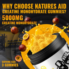 Natures Aid Creatine Monohydrate Gummies being poured for on-the-go energy.