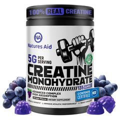 Natures Aid Creatine Monohydrate Gummies bottle with grape flavor for on-the-go pre-workout energy.