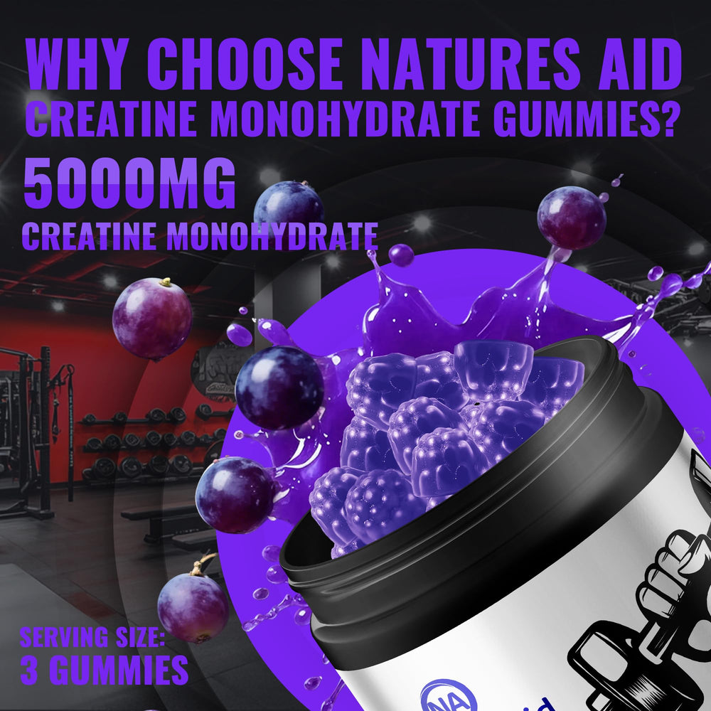 Natures Aid Creatine Monohydrate Gummies servings image highlights three gummies per dose.