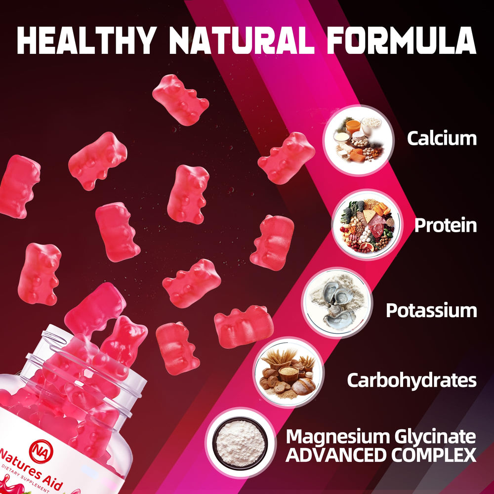 Close-up of Natures Aid Magnesium Glycinate Gummies showing soft raspberry texture