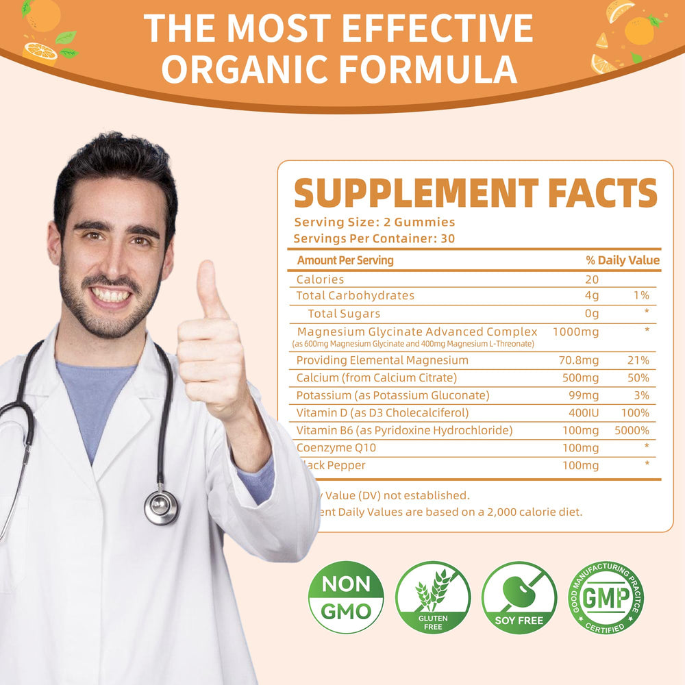 Ingredients panel on gummies bottle, including magnesium, vitamin D, B6, and CoQ10.