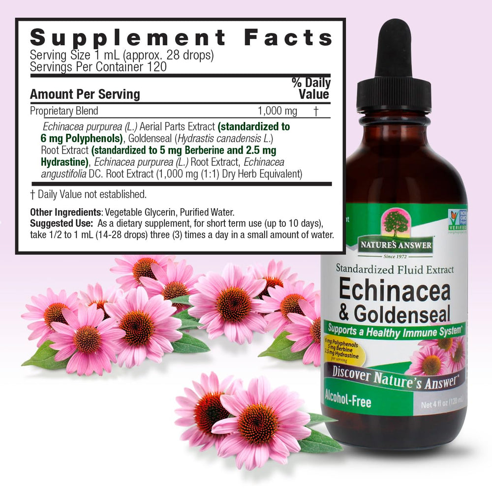 Closeup on Nature's Answer Echinacea and Goldenseal label with certifications