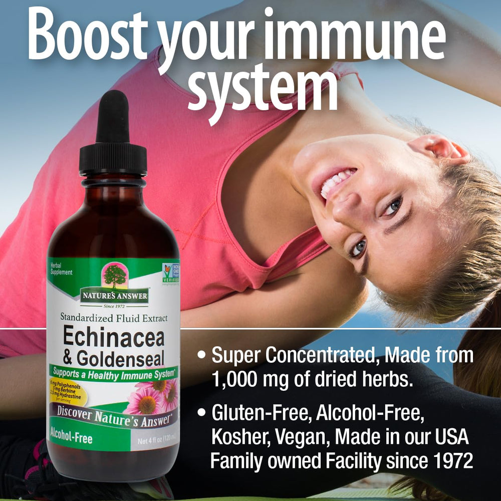 Pouring Nature's Answer Echinacea and Goldenseal liquid into a dropper