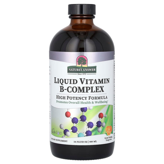 Nature's Answer Liquid Vitamin B-Complex bottle pour suggests fast absorption potential.