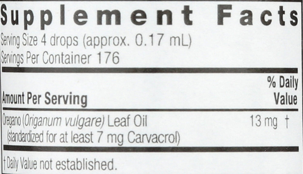Closeup of Nature's Answer Oregano Oil label highlighting details.
