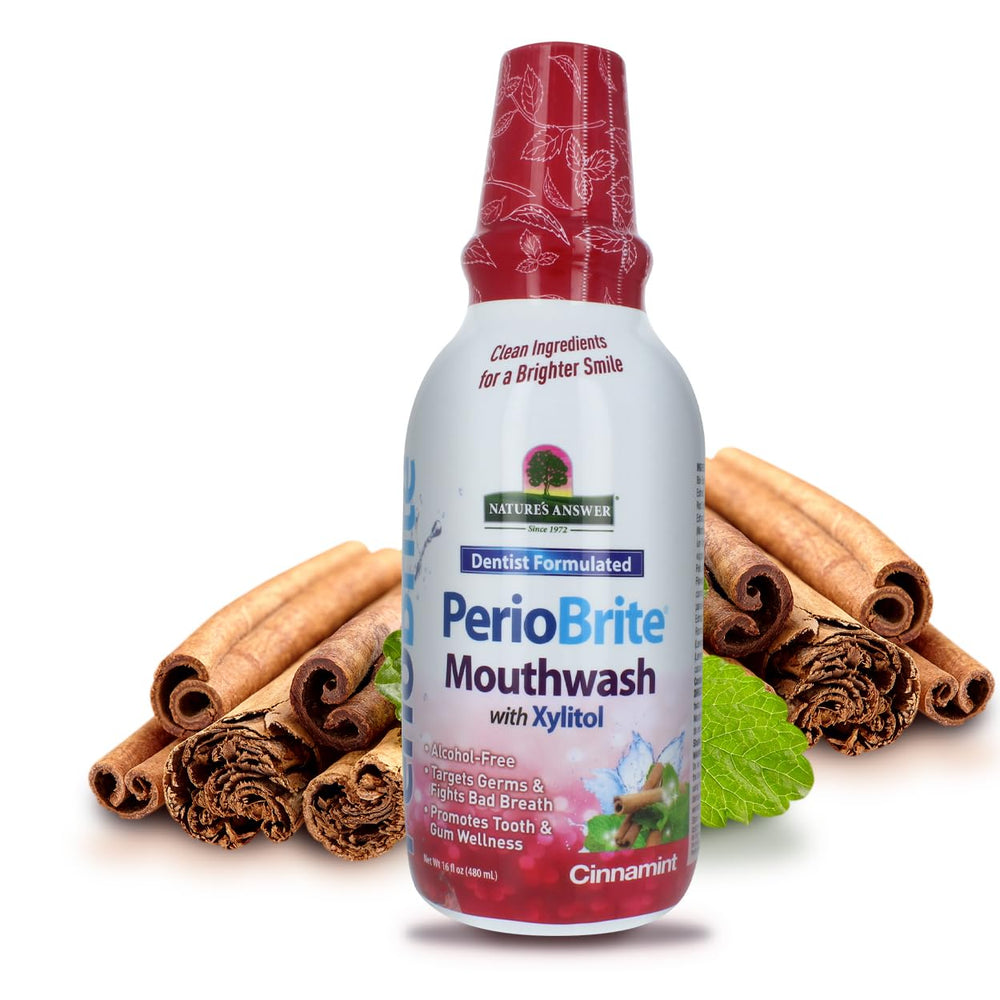 Nature's Answer PerioBrite Cinnamon Mouthwash bottle ready for fresh breath.