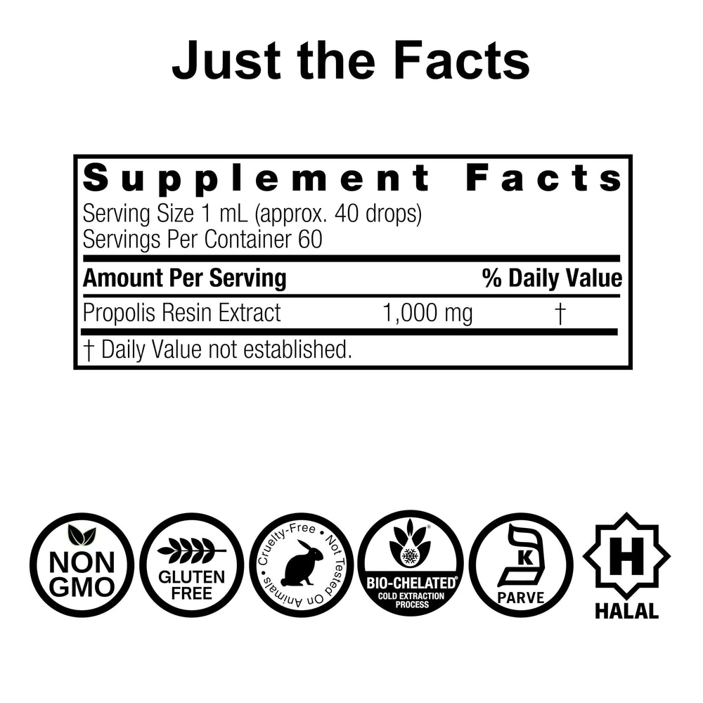 Nature's Answer propolis resin extract label confirms vegan and gluten-free certifications.