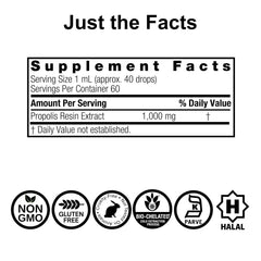 Nature's Answer propolis resin extract label confirms vegan and gluten-free certifications.