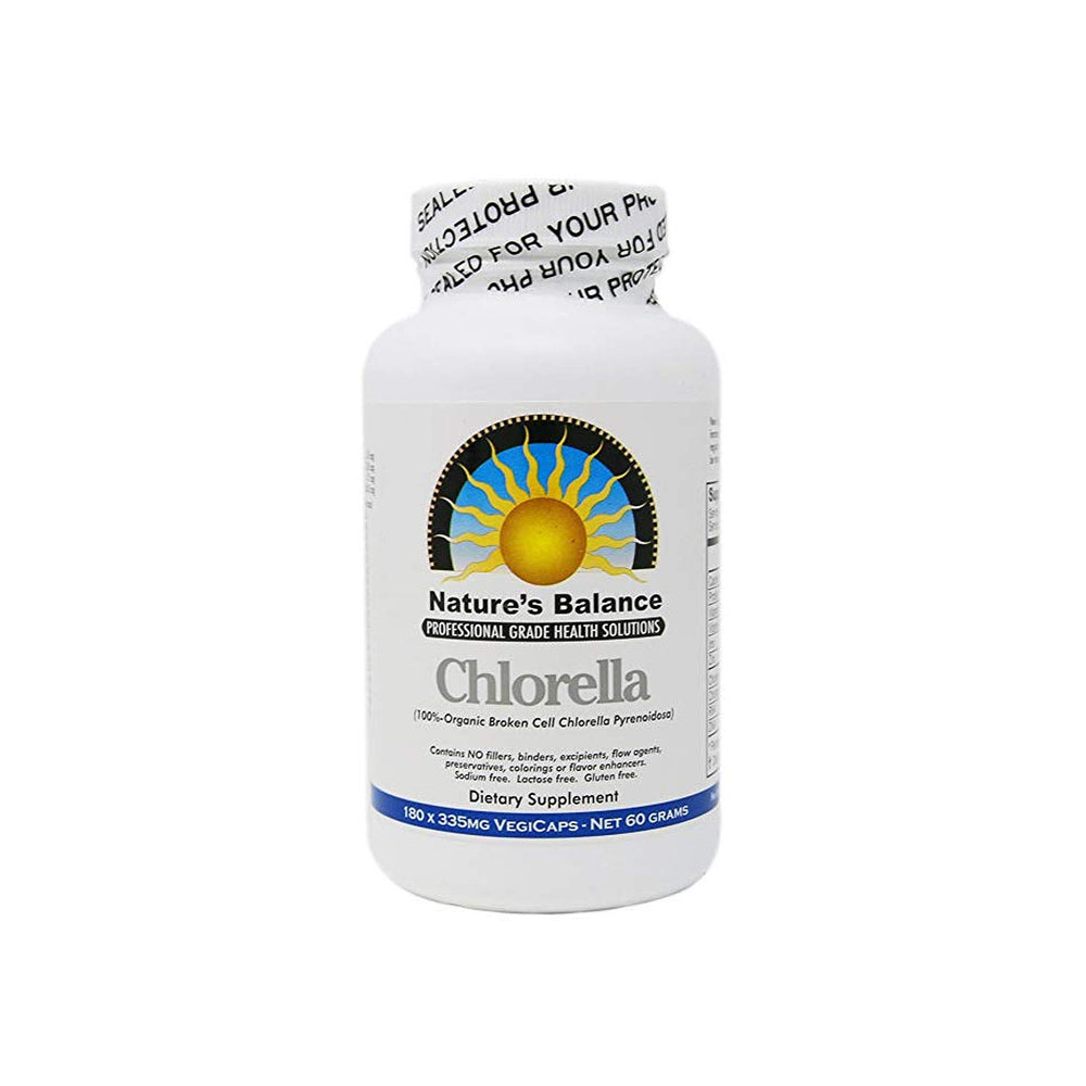 Nature's Balance Premium Chlorella bottle with nutrient-rich greens supporting daily health.