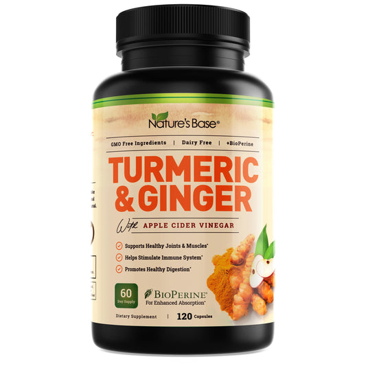 Nature's Base turmeric-ginger supplement bottle showing 95% curcuminoids for daily wellness