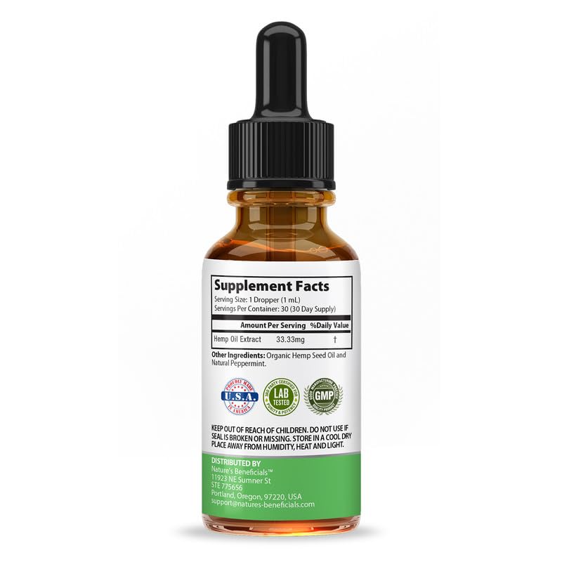 Nature's Beneficials peppermint hemp oil bottle emphasizes refreshing flavor for simple, on-the-go use
