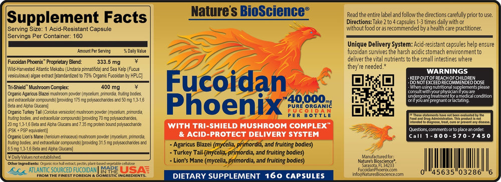 Nature's Bioscience Fucoidan Phoenix ingredients panel highlighting DNA-verified mushrooms