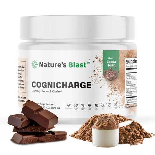 NATURES BLAST CogniCharge bottle shown for daily brain support and easy mix