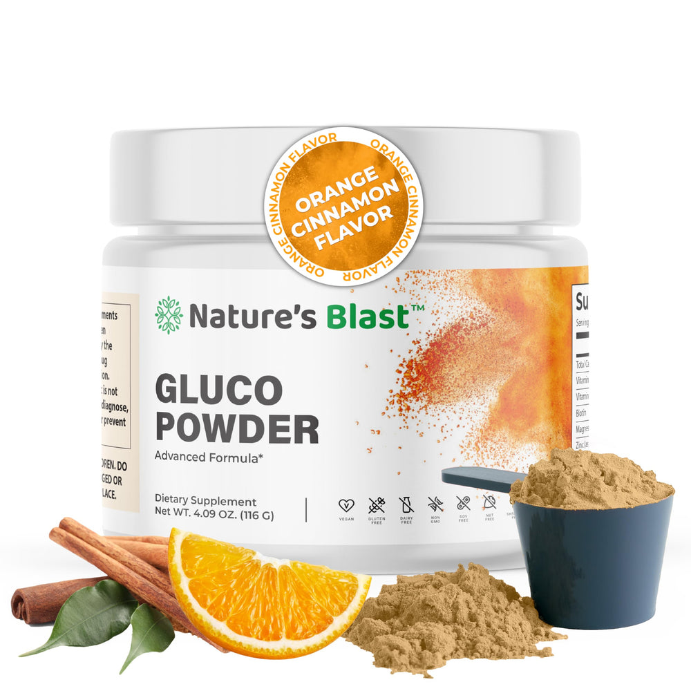 NATURES BLAST Gluco-Powder bottle front for energy balance.