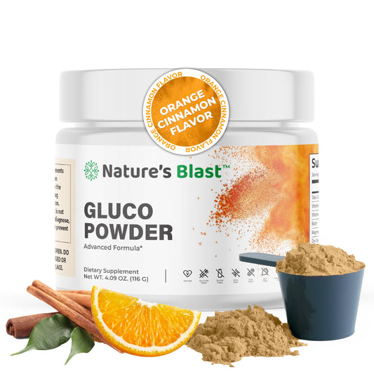 NATURES BLAST Gluco-Powder bottle front for energy balance.