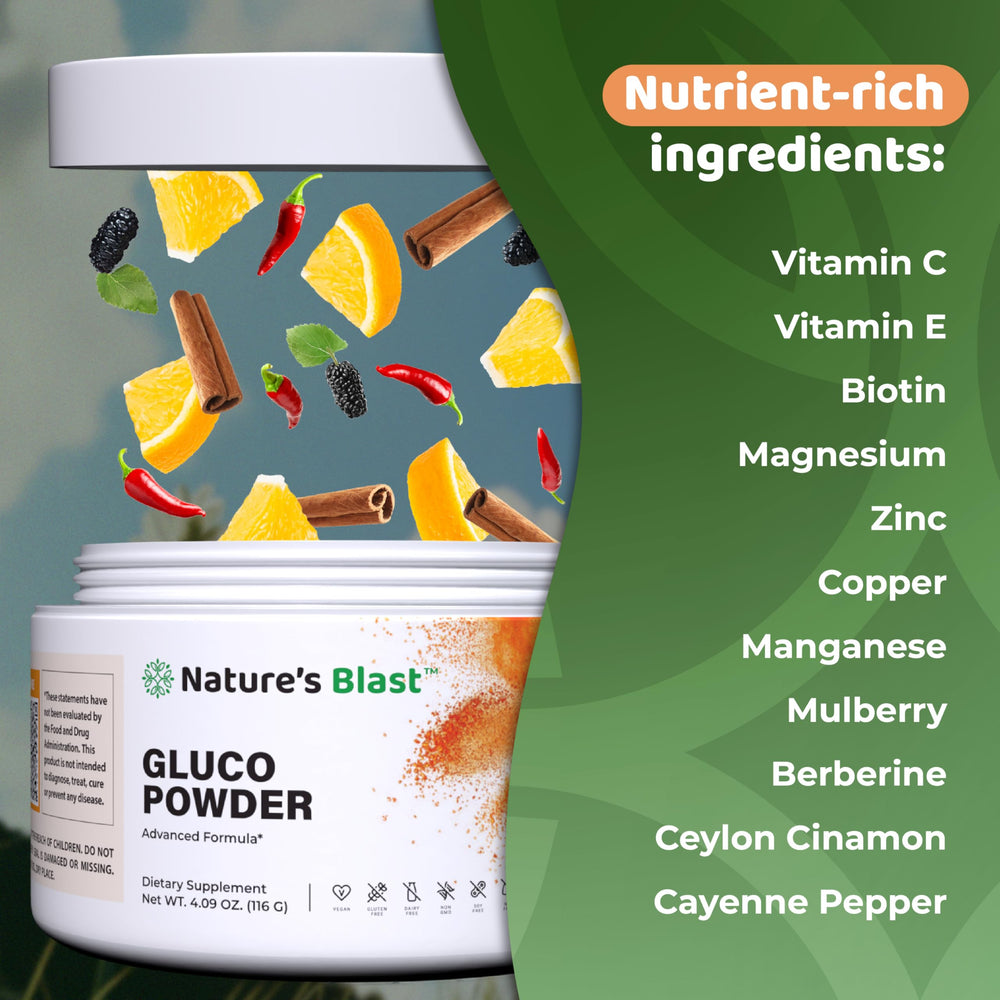 NATURES BLAST Gluco-Powder pouring action implies easy daily use.